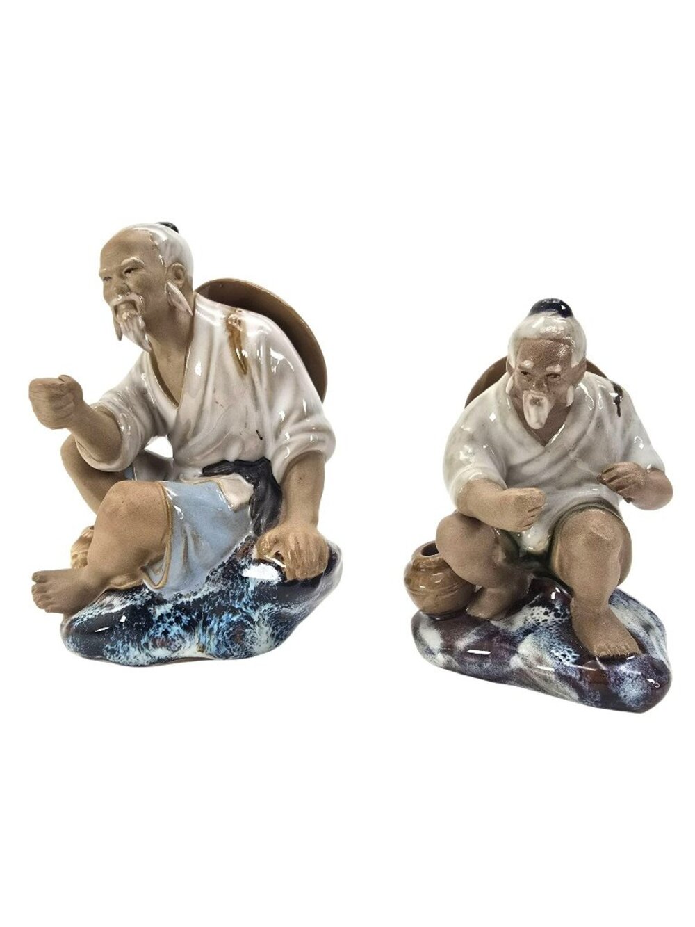 Vintage Asian Fisherman Mudman Figurines Set Of 2 Hand-Painted JE290